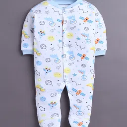 BUMZEE Cotton Knit Full Sleeves Footed Sleepsuits with Stripes & Space Print Pack of 3 - Light Blue & White image 2