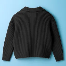 Yellow Apple Knit Full Sleeves Solid Co-Ord Sweatshirt & Lounge Pant Set with Pearl Applique - Black image 3