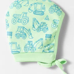Babyhug 100% Cotton Interlock Knit Caps With Vehicle Print Pack Of 2 Blue & Light Green - Diameter 15 cm image 3