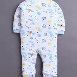 BUMZEE Cotton Knit Full Sleeves Footed Sleepsuits with Stripes & Space Print Pack of 3 - Light Blue & White image 3