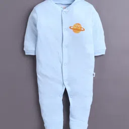 BUMZEE Cotton Knit Full Sleeves Footed Sleepsuits with Stripes & Space Print Pack of 3 - Light Blue & White image 4