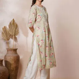 Fashor Mint Green Cotton Embroidered Straight Kurta image 3
