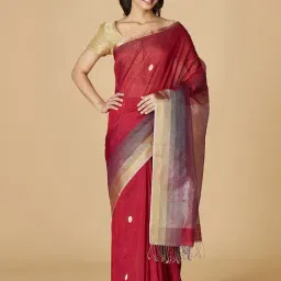 Fabindia Maroon Woven Saree Without Blouse-image-36