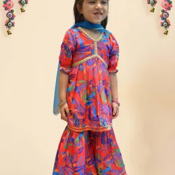 A.T.U.N. Girls Red & Blue Printed Kurta Set image 3