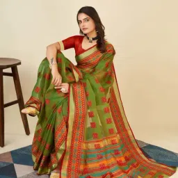 Anjaneya Sarees Green Cotton Woven Saree With Unstitched Blouse image 3