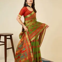 Anjaneya Sarees Green Cotton Woven Saree With Unstitched Blouse image 2