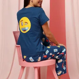 Clovia Blue Printed Top With Pyjamas image 3