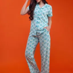 Clovia Blue Graphic Print Shirt With Pyjamas image 3