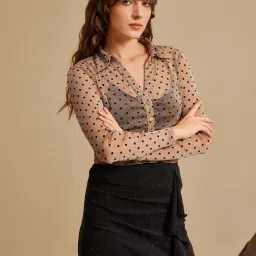 Kazo Beige Polka Dot Crop Shirt image 3