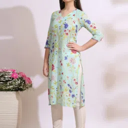 W for Woman Light Blue Floral Printed Pure Cotton Straight Kurta image 3