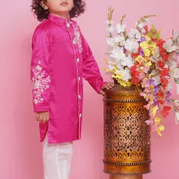Little Bansi Boys Pink & White Embroidered Full Sleeves Sherwani with Pyjamas image 3