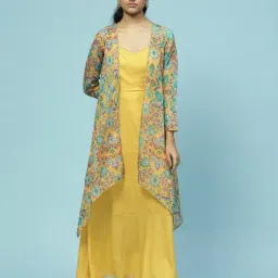 aarke Ritu Kumar Yellow Floral Print Maxi Dress With Shrug-image-42