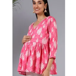 Zelena Rayon Three Fourth Sleeves All Over Motif Frill Detailed Maternity Top With Concealed Zipper Nursing Access - Pink-image-48