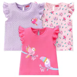 Babyhug Cotton Knit Frill Sleeves Polka Dots & Birds Printed T-Shirts Pack of 3 - Multicolour-picture-13