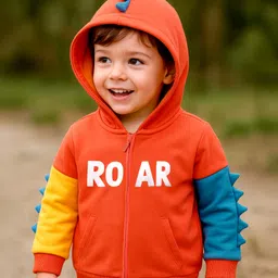 Babyhug Cotton Knit Full Sleeves Front Open Hooded Sweatjacket With Dino Applique & Kangaroo Pockets - Orange-picture-26