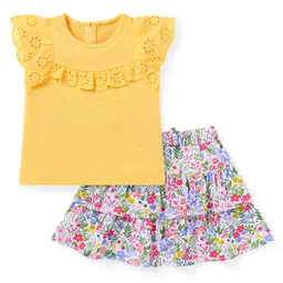Babyhug Single Jersey Knit Half Sleeves Solid Colour Frill Detailed Top & Mid Thigh Length Floral Printed Layered Skirt - Yellow-picture-13
