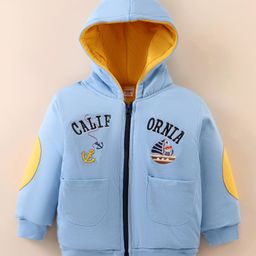 Cucumber Sinker Knit Full Sleeves Hooded Sweatjacket with Bear Embroidery - Sky Blue-picture-5