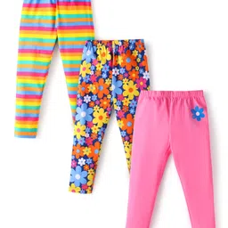 Babyhug Interlock Knit Full LengthStriped & FloralPrinted Diaper Leggings Pack of 3 - Pink Navy & Yellow-image-70