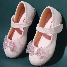 Mine Sole Bow Applique Detailed & Stones Embellished Ballerinas With Velcro Closure - Pink-image-46