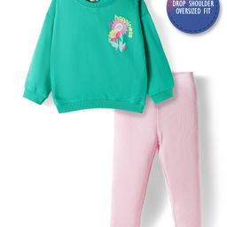 Bonfino 100% Cotton Knit Full Sleeves Oversized French Terry Sweatshirt & Legging Set With Floral Print - Green & Pink-picture-12
