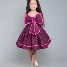 PinkChick Cotton Woven Sleeveless Bow Applique Lace Embellished Dress With Hair Bow Clip - Burgandy-image-14
