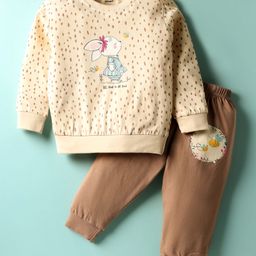 CUCUMBER Sinker Knit Full Sleeves T-Shirt & Lounge Pant Set with Bunny Print - Beige-picture-42