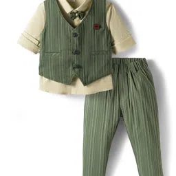 Mini Taurus Sinker Knit Full Sleeves Striped 3 Piece Party Suit With Bow Applique - Olive Green & Light Green-picture-22