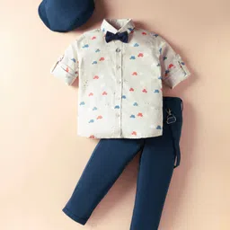 Rikidoos Full Sleeves Cars Printed Shirt Pant With Suspender Bow & Cap Set - Light Grey & Blue-picture-17