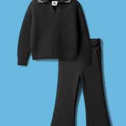 Yellow Apple Knit Full Sleeves Solid Co-Ord Sweatshirt & Lounge Pant Set with Pearl Applique - Black-picture-24