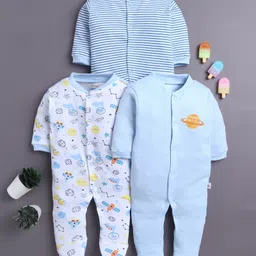 BUMZEE Cotton Knit Full Sleeves Footed Sleepsuits with Stripes & Space Print Pack of 3 - Light Blue & White-picture-20