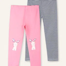 Ariel Cotton Knit Pack Of 2 Striped & Cute Bunny Printed Leggings - Pink & Black-picture-10
