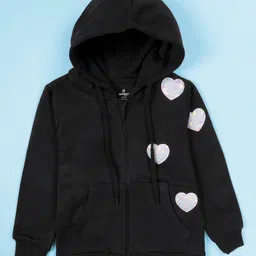 Kiddopanti Fleece Knit Full Sleeves Heart Patch Detailed & Sequins Embellished Hooded Light Winter Sweatshirt - Black-picture-10