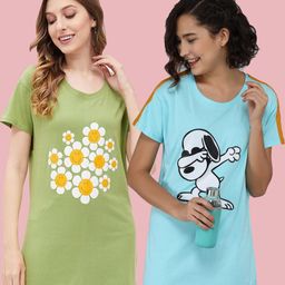 Christy World Women Pack Of 2 Graphic Printed Round Neck Longline Cotton T-shirt-picture-22