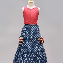 Babyhug Sleeveless Choli & Lehenga Set With Dupatta Ethnic Print - Red Blue image 2