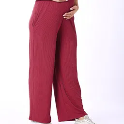 Bella Mama Full Length High Coverage Rib Solid Knit Pant With Side Pockets - Maroon image 3