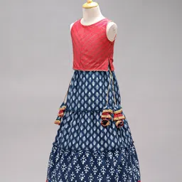 Babyhug Sleeveless Choli & Lehenga Set With Dupatta Ethnic Print - Red Blue image 3