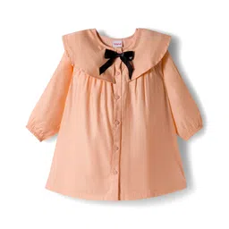 Babyhug Cotton Woven Full Sleeves Frock With Leggings With Bow Applique - Peach image 2