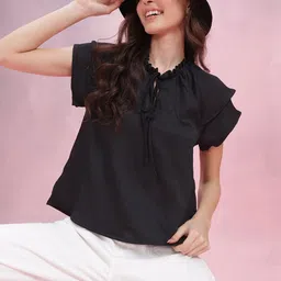 DressBerry Tie-Up Neck Crinkle Ruffled Top-image-91