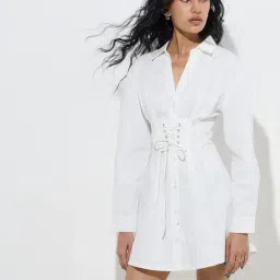 nuon women Nuon by Westside White Corset-Style Cotton-Blend Shirt Dress-picture-14