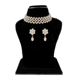 Sri Jagdamba Pearls Abarna White Pearl & Golden Beads Choker Necklace Set image 3