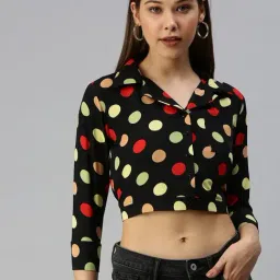 SHOWOFF Shirt Collar Polka Dots Black Crop Top-image-73