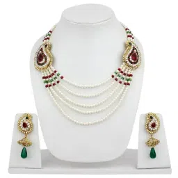 Anikas Creation Gold Plated White & Red Stone Studded Beaded Traditional Jewellery Set image 4