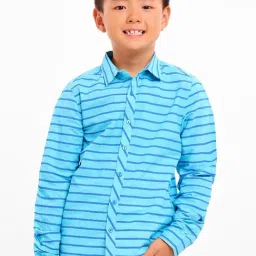 Bonkids Boys Blue Standard Horizontal Stripes Opaque Striped Cotton Casual Shirt-picture-25