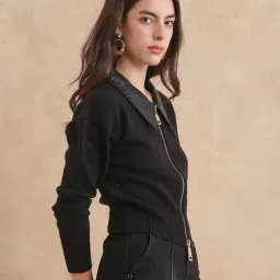 RAREISM Black Acrylic Solid Long Sleeves Jacket image 3