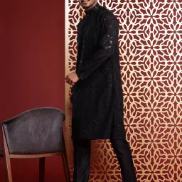 ManQ Black Pure Cotton Regular Fit Embroidered Kurta Kurtis image 3