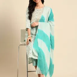 showoffff SHOWOFF Turquoise Cotton Embroidered Kurta Pant Set With Dupatta image 3