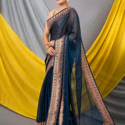 MAHALASA Blue Embellished Saree With Unstitched Blouse image 3