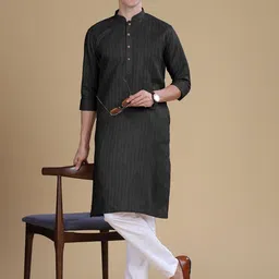 Anouk Black Striped Mandarin Collar Cotton Straight Kurta-picture-24