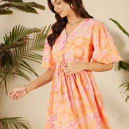 Rare Orange & Pink Floral Print Fit & Flare Dress image 3