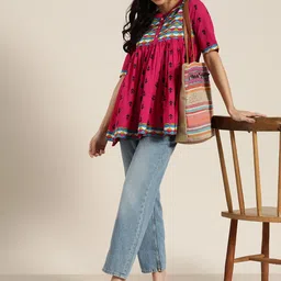 Sangria Pink & Black Pure Cotton Printed A-Line Top image 2